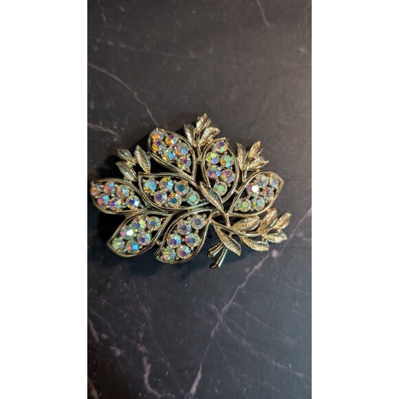 Gold-Tone Leaf Tree Brooch With Aurora Borealis Rhinestones Pin - Picture 5 of 6